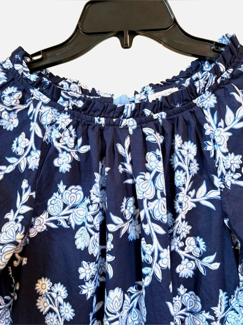 J.Crew Peasant Blouse XS Navy Blue Floral Tie Neck Boho Long Sleeve